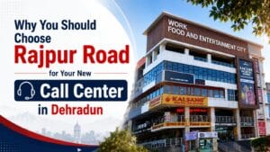Why choose Rajpur Road in Dehradun for a new call center office, featuring a modern commercial building with workspaces, restaurants, and entertainment facilities.